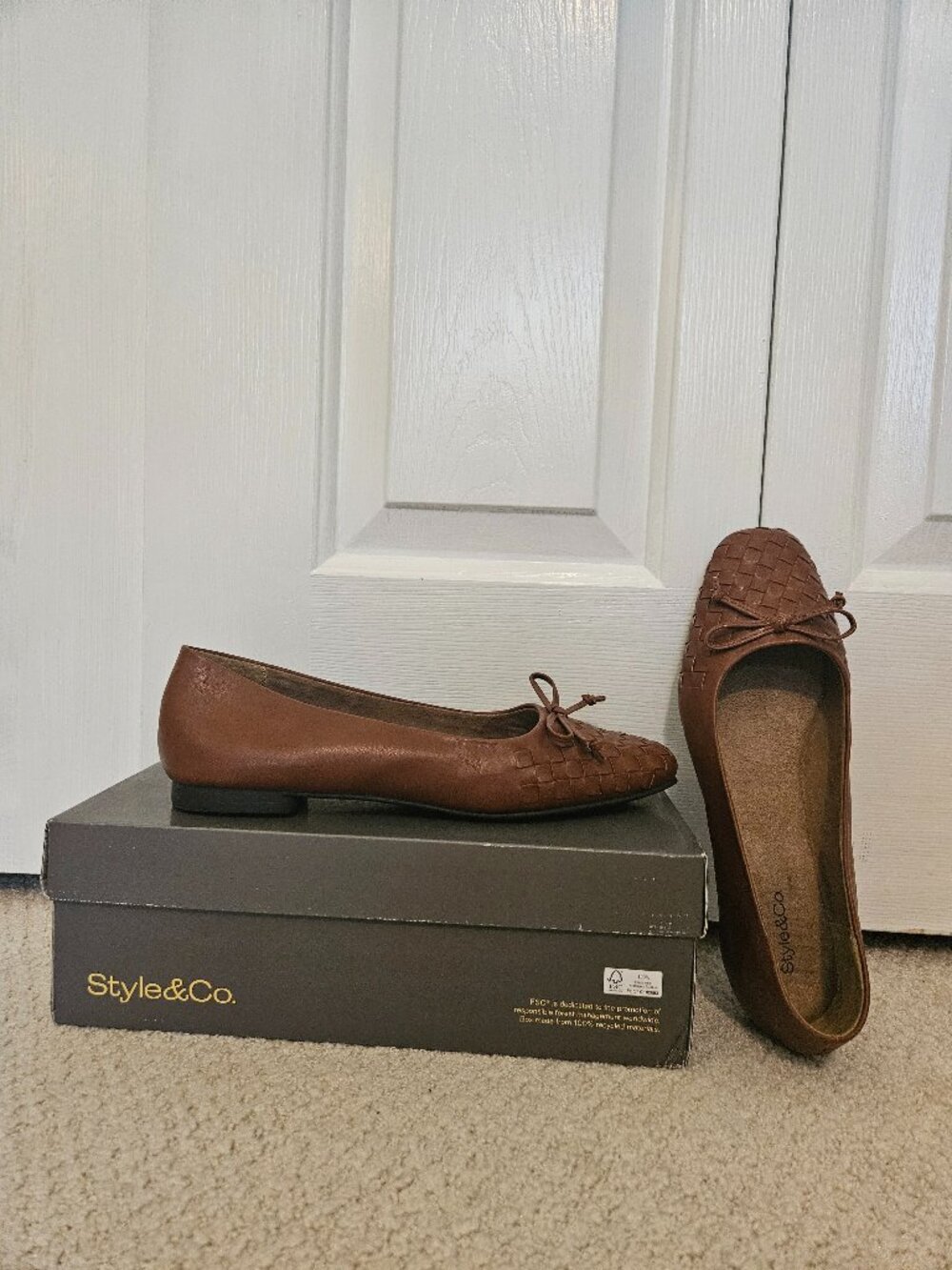 Style & Co. Brown Leather Woven Ballet Flats Bow Detail Size 9.5